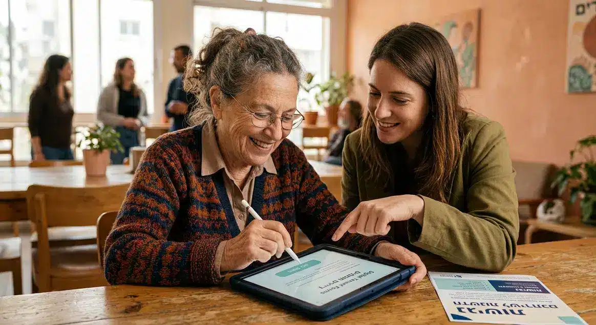 A photo of an older man smiling while signing a document on a tablet. He is using a stylus, and the screen displays the text "Digital Signature" and "Tenants signing forms." He is sitting at a wooden table in a brightly lit room, wearing a blue shirt and glasses. The background is a gently blurred window view.